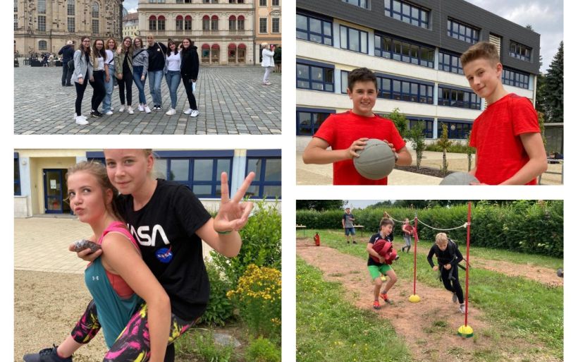 Eine Collage zeigt Schüler:innen bei einem Sportfest sowie einem Ausflug nach Dresden.