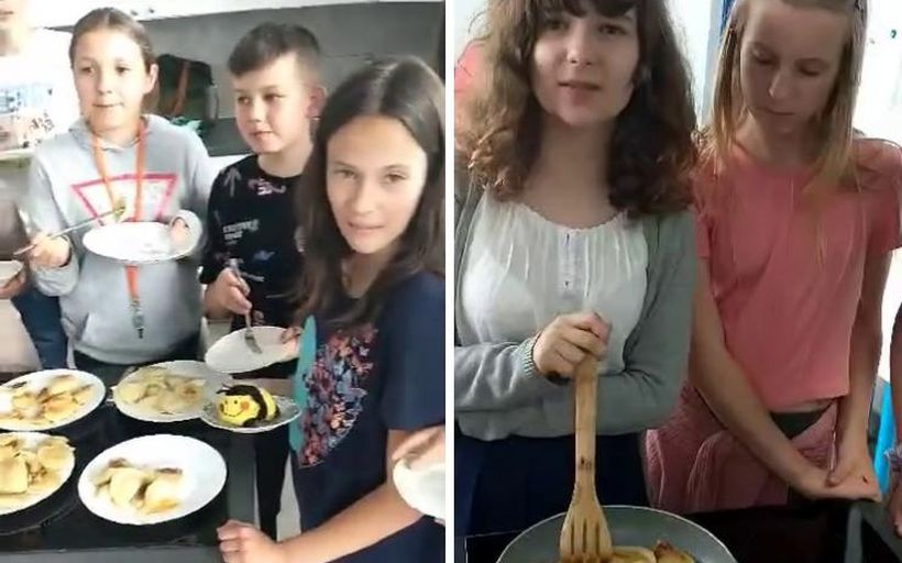 Zwei-Bilder-Collage: Kinder, die gemeinsam kochen und essen.