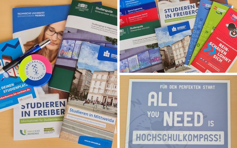Informationsmaterial verschiedener sächsischer Hochschulen zum Studienangebot.