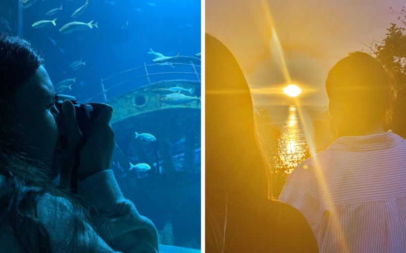 Collage aus zwei Bildern: links: Mädchen fotografiert Aquarium im Ozeaneum Stralsund. rechts: zwei Frauen schauen in den Sonnenuntergang 
